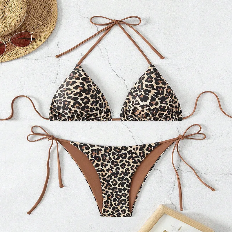 Wholesale Foreign Trade Bikini Swimwear New Leopard Print Lace Up Sexy Swimwear Women Bikini