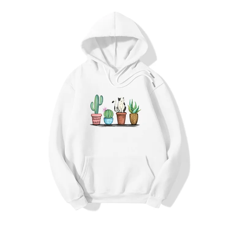 Hooded Cat Plant Pop-print Long-sleeved Fleece Sweatshirt display picture 1