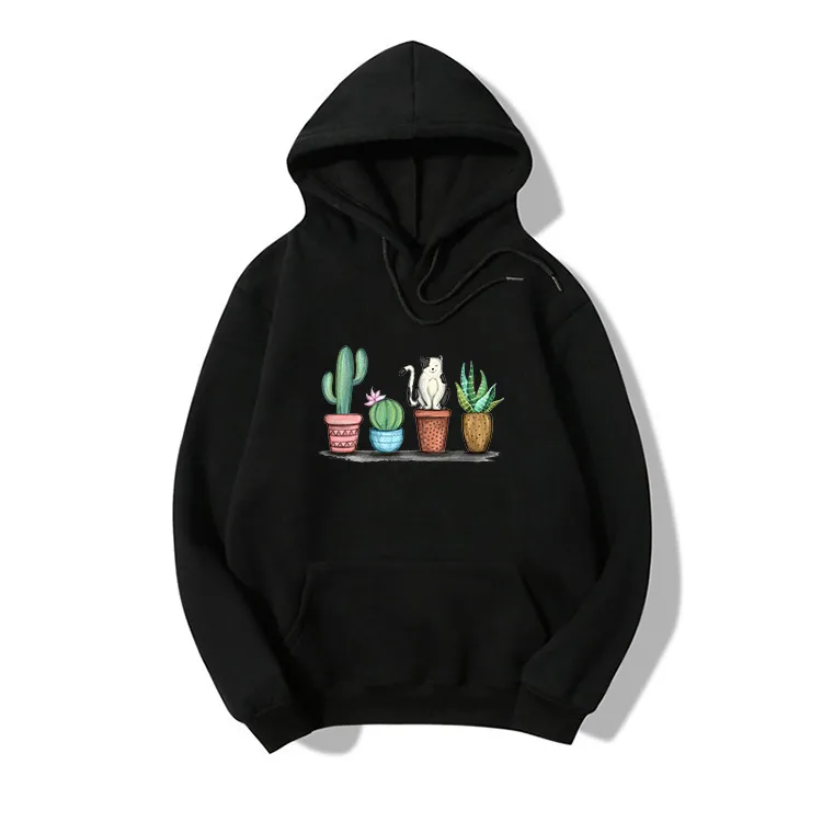 Hooded Cat Plant Pop-print Long-sleeved Fleece Sweatshirt display picture 2