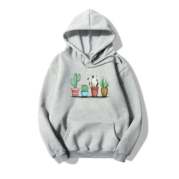Hooded Cat Plant Pop-print Long-sleeved Fleece Sweatshirt display picture 3