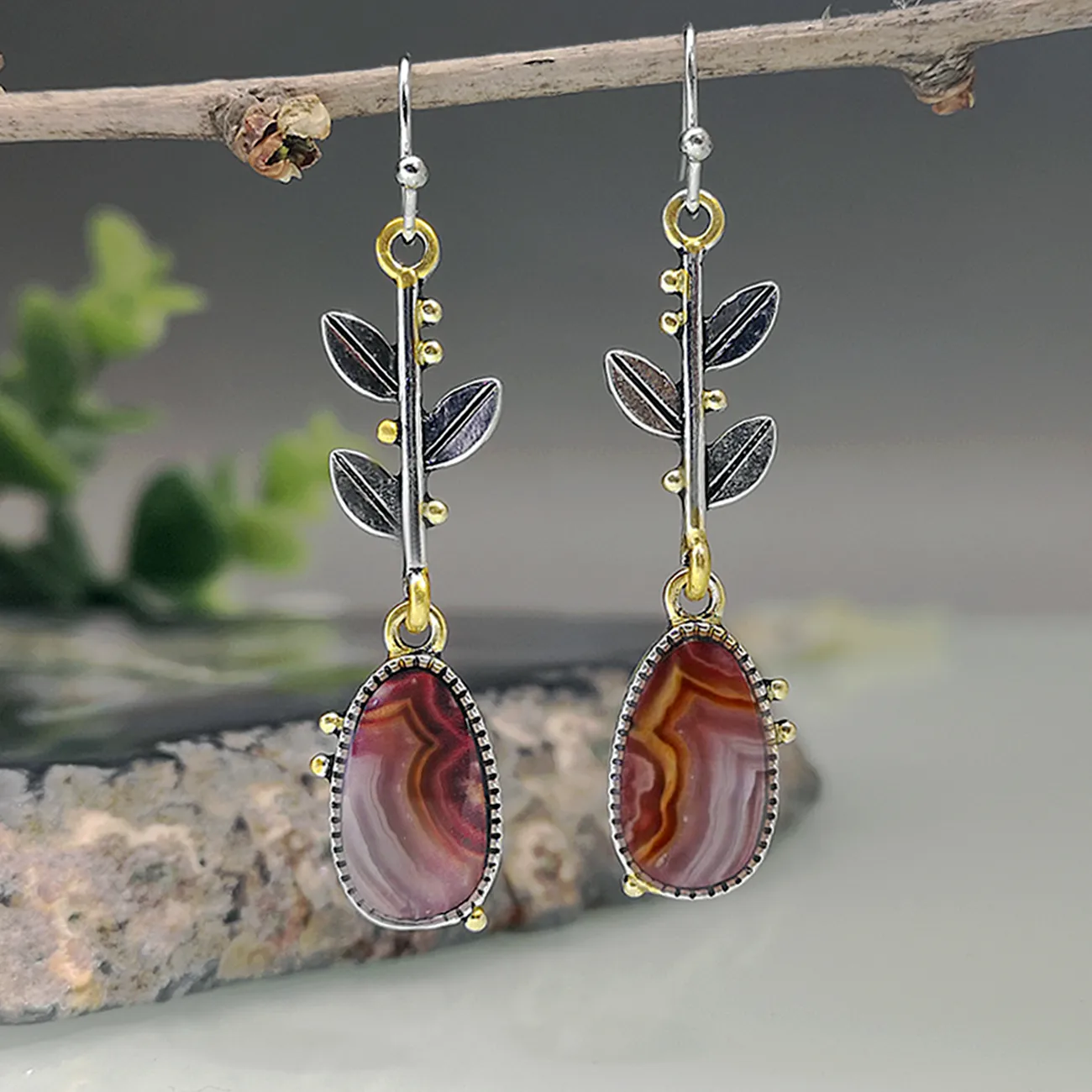 New Creative Tree Leaf Agate Earrings Dangle Earrings display picture 2