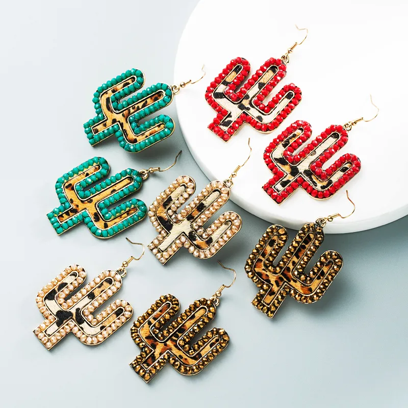 Wholesale New Creative Leather Leopard Print Cactus Earrings Nihaowholesale display picture 2