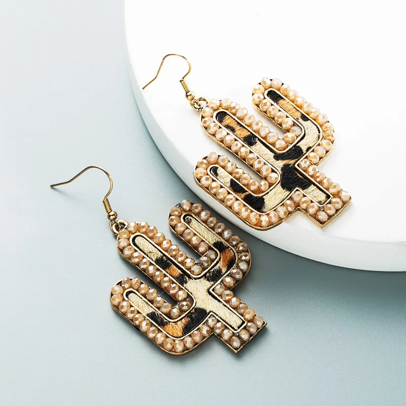 Wholesale New Creative Leather Leopard Print Cactus Earrings Nihaowholesale display picture 6