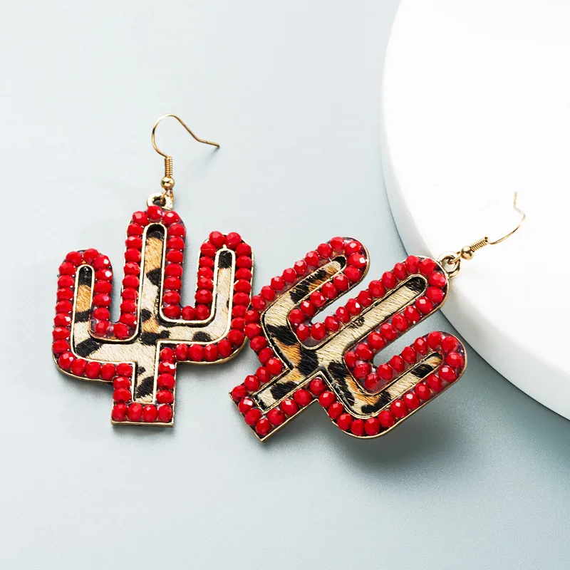 Wholesale New Creative Leather Leopard Print Cactus Earrings Nihaowholesale display picture 7