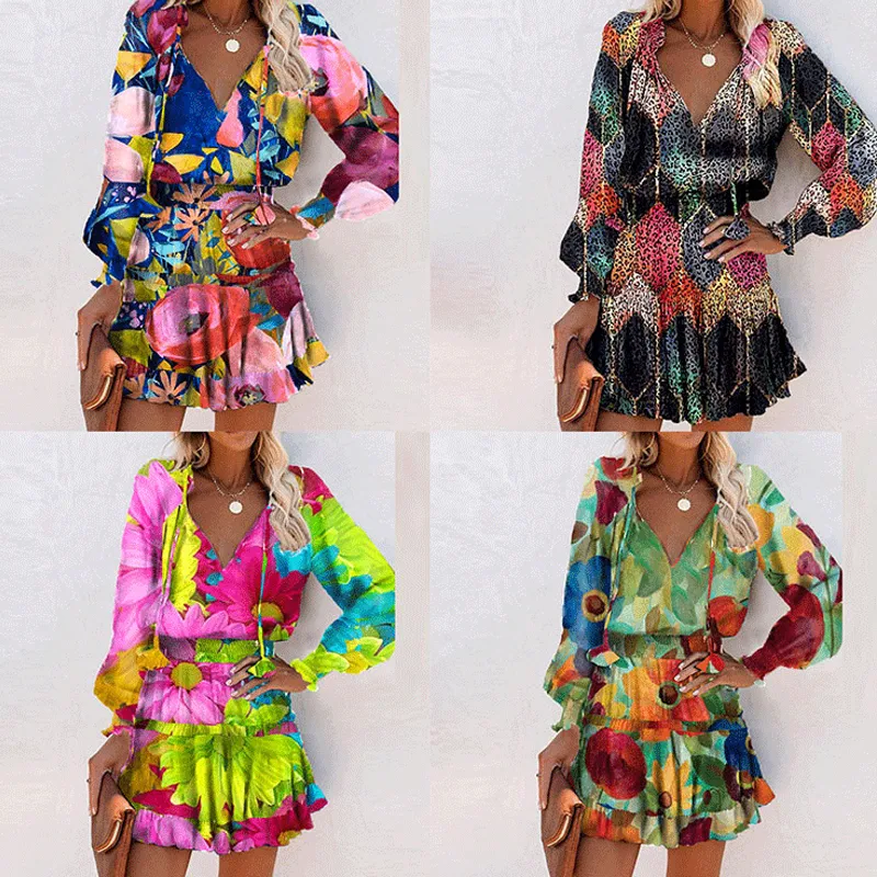 Wholesale V-neck Splicing Ruffled Colorful Flower Print Long-sleeved Short Dress Nihaowholesale display picture 1