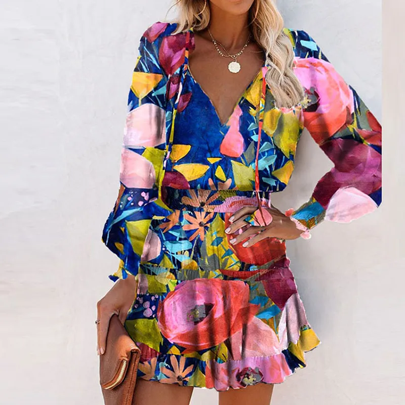 Wholesale V-neck Splicing Ruffled Colorful Flower Print Long-sleeved Short Dress Nihaowholesale display picture 2