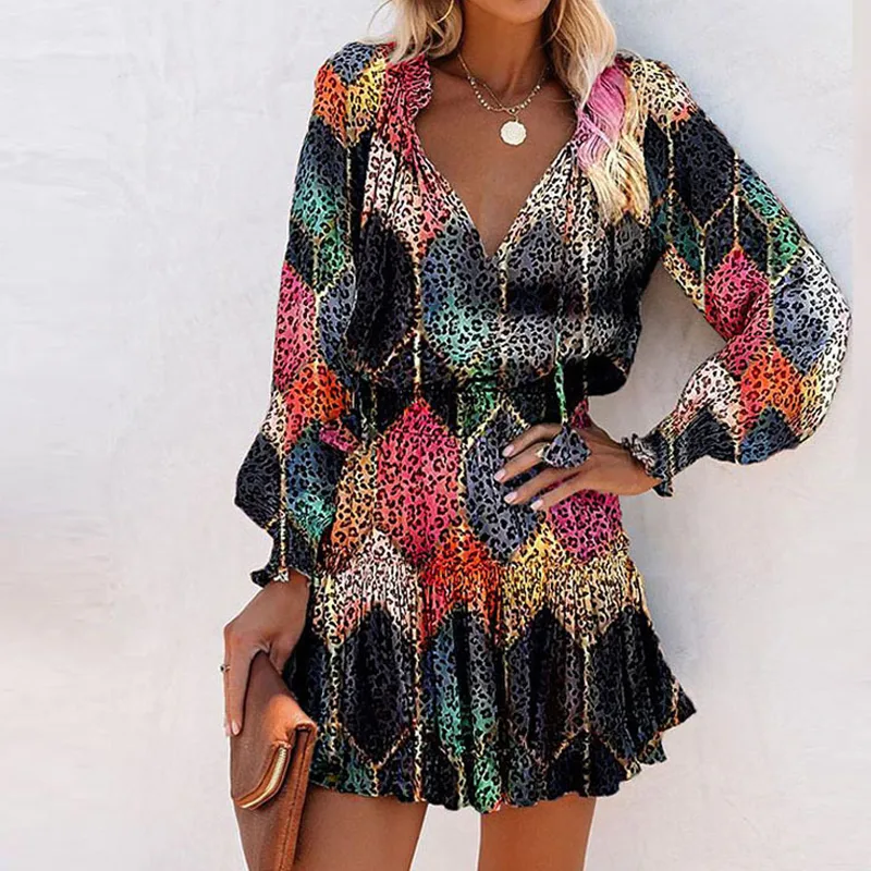 Wholesale V-neck Splicing Ruffled Colorful Flower Print Long-sleeved Short Dress Nihaowholesale display picture 3