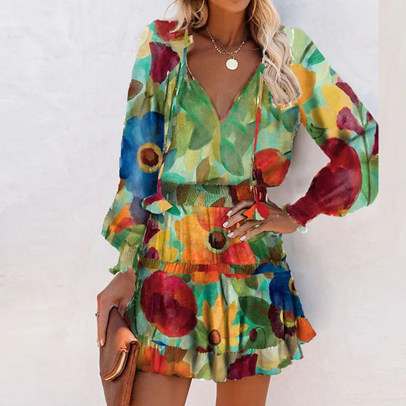 Wholesale V-neck Splicing Ruffled Colorful Flower Print Long-sleeved Short Dress Nihaowholesale display picture 5