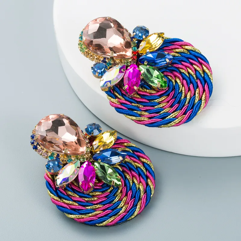 Big Drop Colored Glass Diamond Elastic Rope Braided Earrings Wholesale Nihaowholesale display picture 3