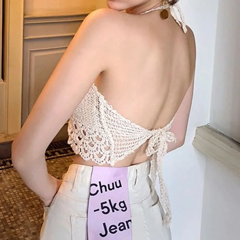 Summer Sexy Lace-up Halterneck Open-back Knitted Fringed Vest Top display picture 4