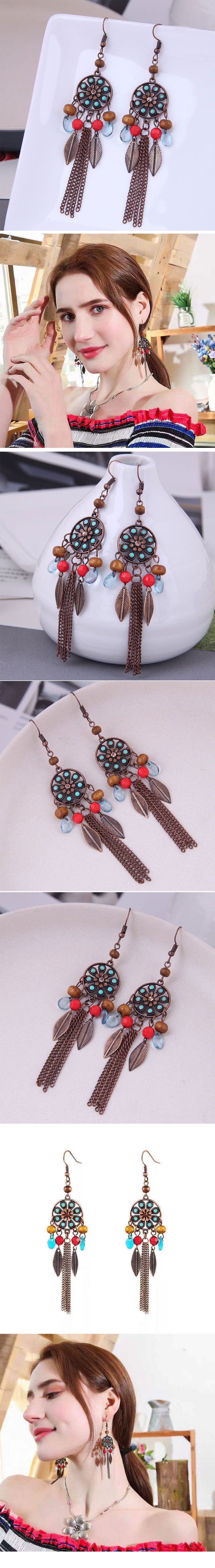 Fashion Bohemian Ethnic Style Leaves Tassel Alloy  Earrings display picture 1