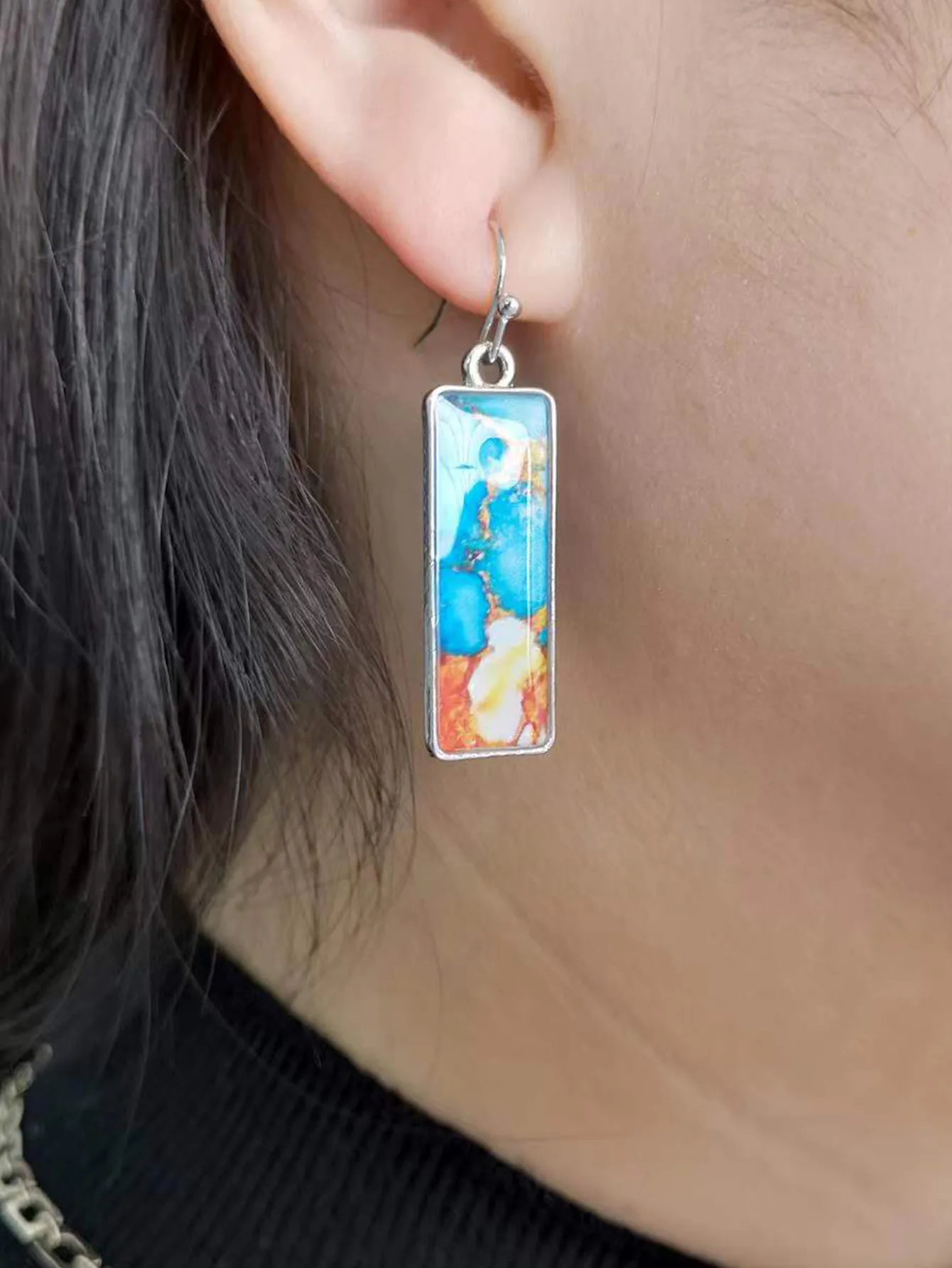 Retro Square Colorful Glass Marble Pattern Earrings display picture 2
