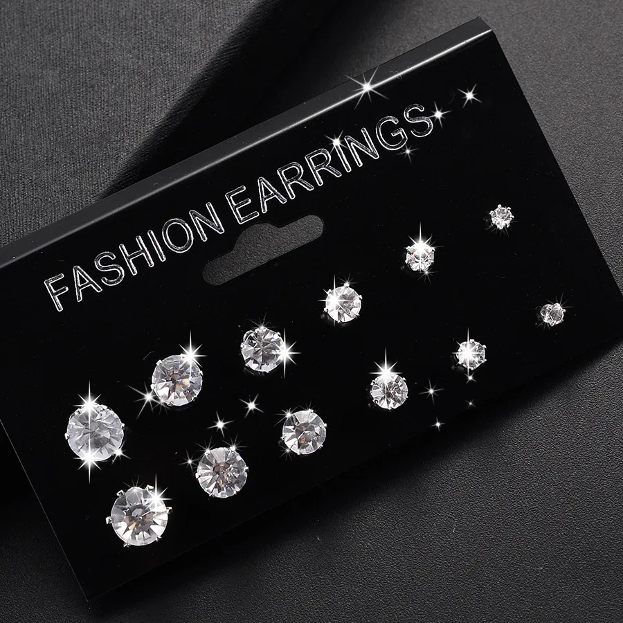 Fashion Round Diamond Stud Earrings 6 Pairs Set display picture 3