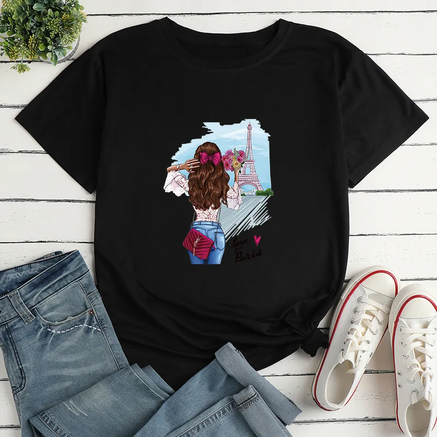 Cartoon Girl Print Loose Casual T-shirt display picture 3