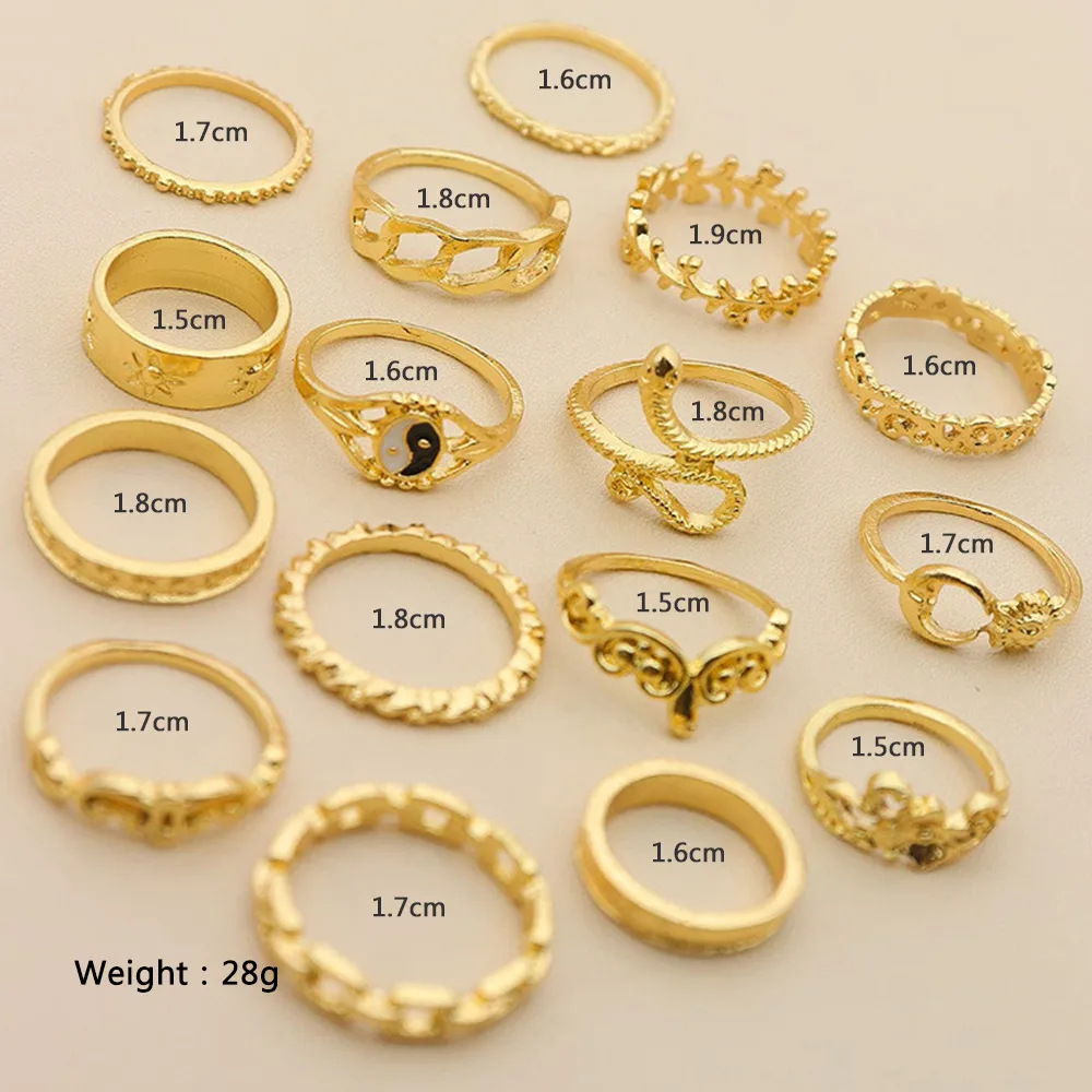 Retro Sun Moon Snake Leaves Flowers Knuckle Ring 16-piece Ring Set display picture 4