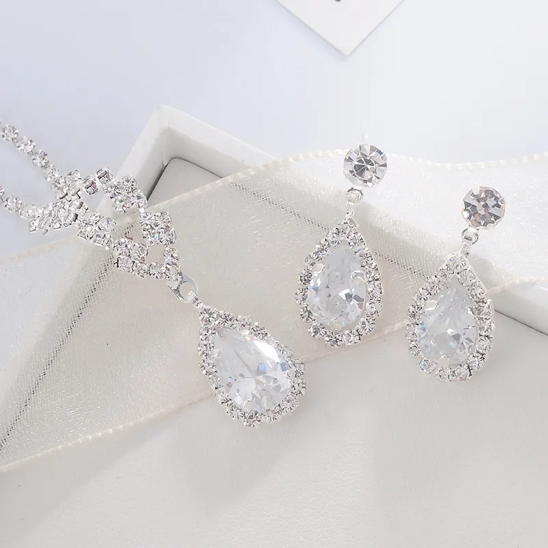 Evening Dinner Bridal Evening Dress Accessories Crystal Waterdrop Zircon Necklace Stud Earrings Set display picture 9