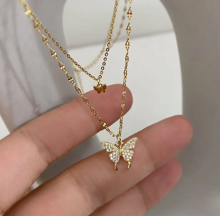 Fashion Double Rhinestone Butterfly Pendent Alloy Necklace display picture 1