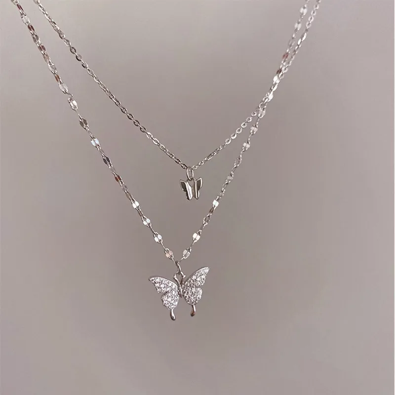 Fashion Double Rhinestone Butterfly Pendent Alloy Necklace display picture 2