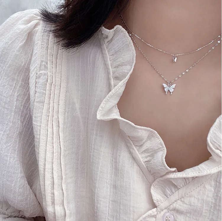 Fashion Double Rhinestone Butterfly Pendent Alloy Necklace display picture 4