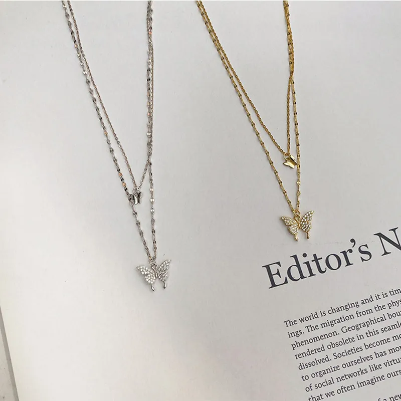 Fashion Double Rhinestone Butterfly Pendent Alloy Necklace display picture 5