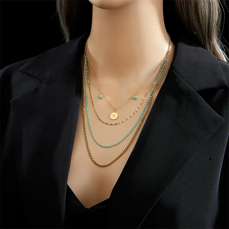 Wholesale Jewelry Vintage Style Geometric Stainless Steel Turquoise 18K Gold Plated Gold Plated Layered Necklaces display picture 5