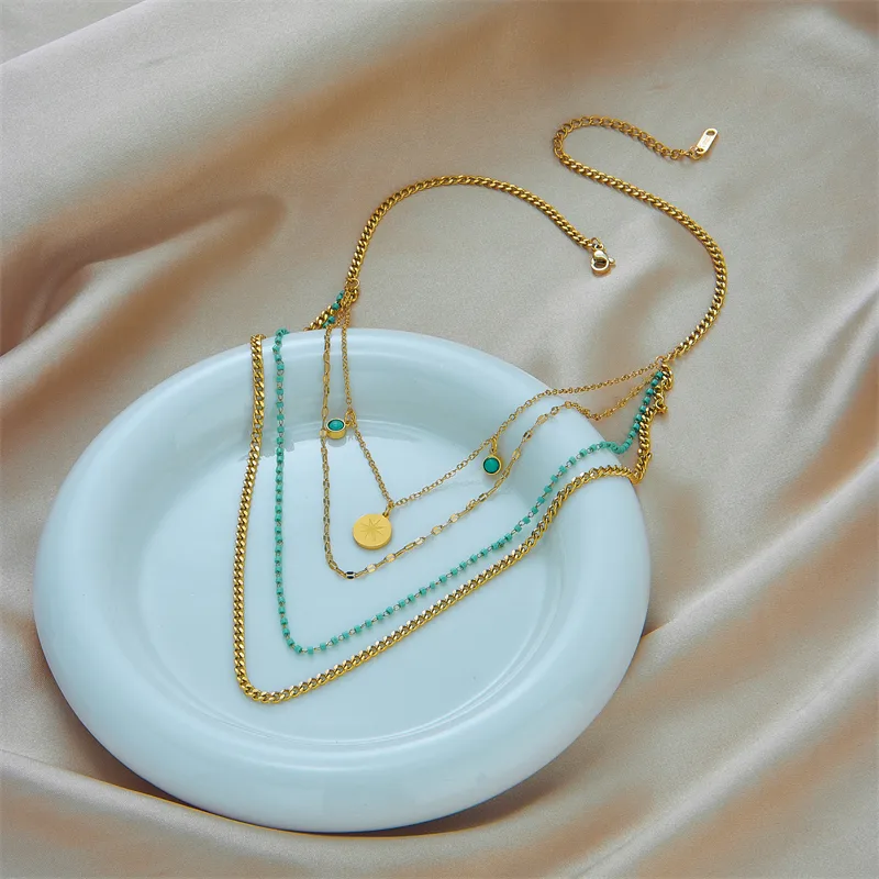 Wholesale Jewelry Vintage Style Geometric Stainless Steel Turquoise 18K Gold Plated Gold Plated Layered Necklaces display picture 3