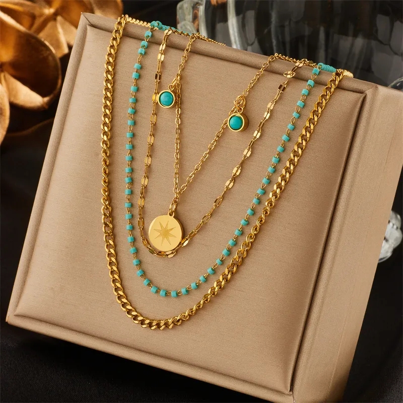 Wholesale Jewelry Vintage Style Geometric Stainless Steel Turquoise 18K Gold Plated Gold Plated Layered Necklaces display picture 6