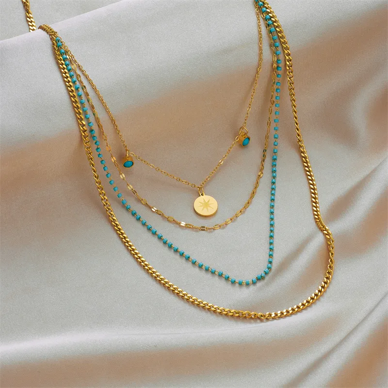 Wholesale Jewelry Vintage Style Geometric Stainless Steel Turquoise 18K Gold Plated Gold Plated Layered Necklaces display picture 4