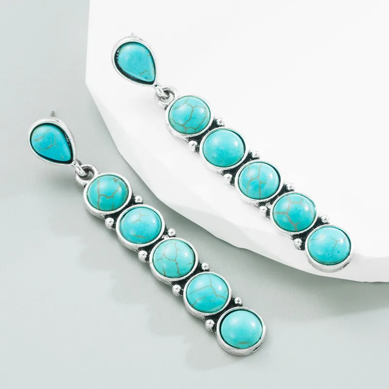 Fashion Round Alloy Inlay Turquoise Drop Earrings display picture 2