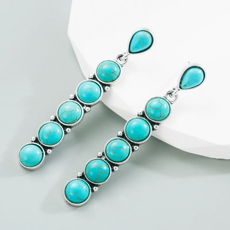 Fashion Round Alloy Inlay Turquoise Drop Earrings display picture 5