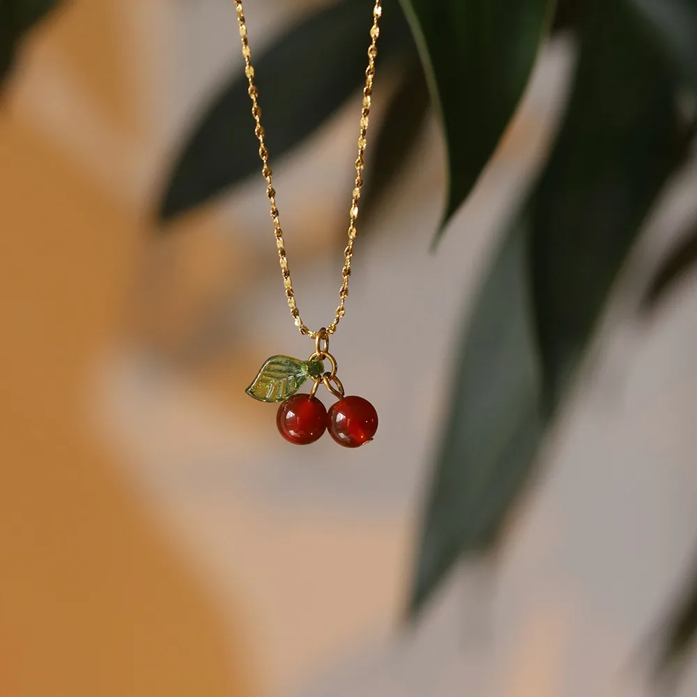 304 Stainless Steel 18K Gold Plated IG Style Sweet Plating Cherry Resin Pendant Necklace display picture 1