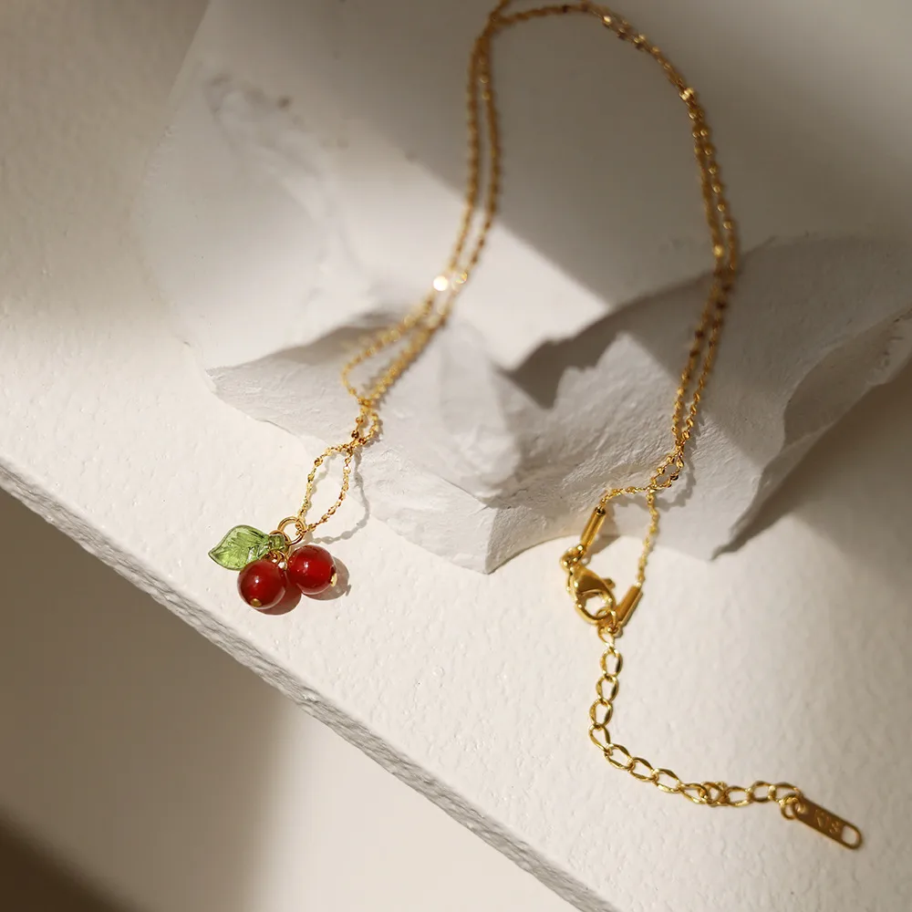 304 Stainless Steel 18K Gold Plated IG Style Sweet Plating Cherry Resin Pendant Necklace display picture 3