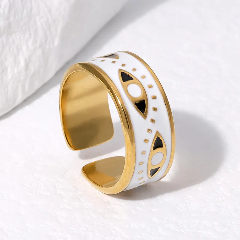 304 Stainless Steel 18K Gold Plated Punk Enamel Plating Eye Ab Glue Open Rings display picture 3