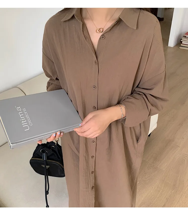 Women's Shirt Dress Casual Turndown Long Sleeve Solid Color Midi Dress Daily display picture 1