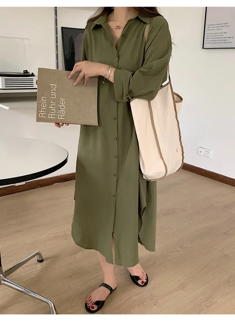 Women's Shirt Dress Casual Turndown Long Sleeve Solid Color Midi Dress Daily display picture 15