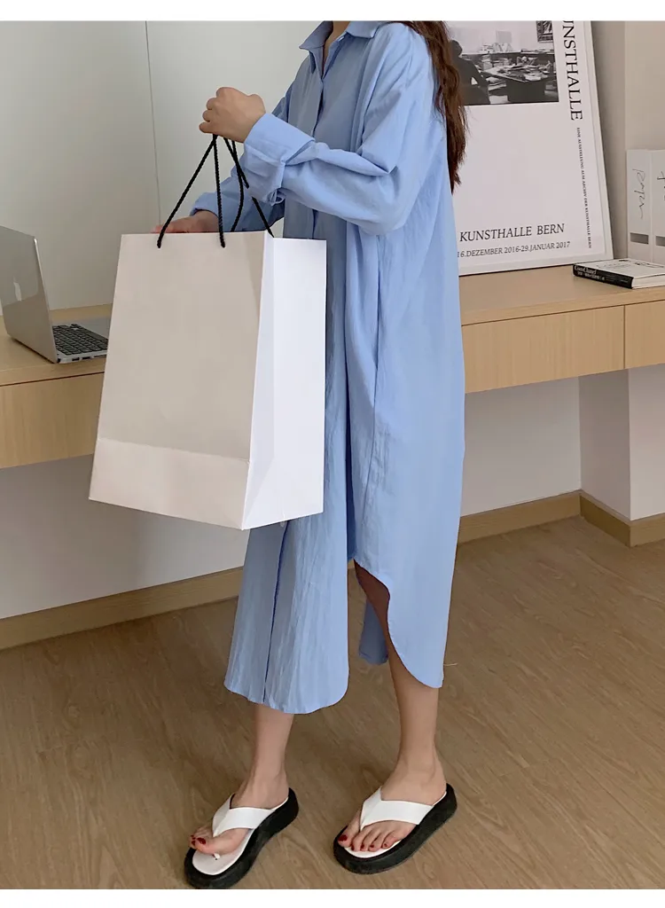 Women's Shirt Dress Casual Turndown Long Sleeve Solid Color Midi Dress Daily display picture 16