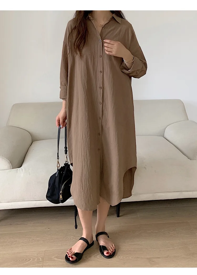 Women's Shirt Dress Casual Turndown Long Sleeve Solid Color Midi Dress Daily display picture 25