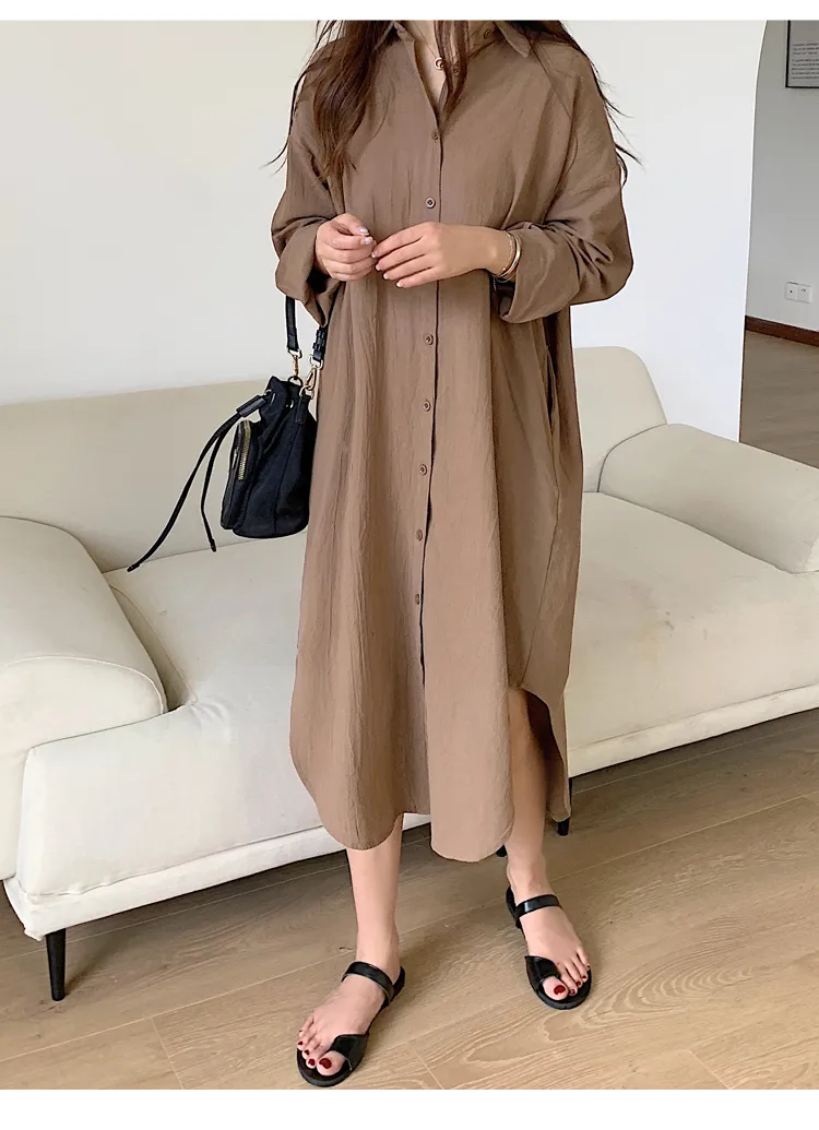 Women's Shirt Dress Casual Turndown Long Sleeve Solid Color Midi Dress Daily display picture 30