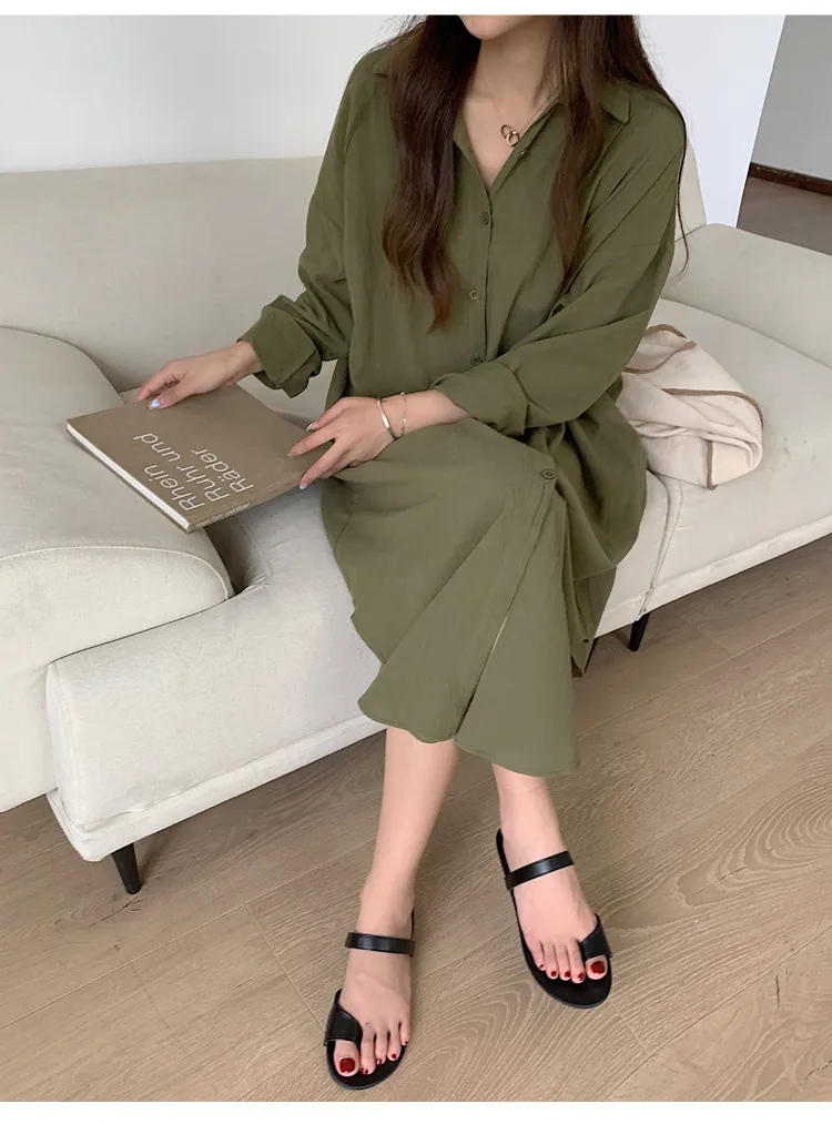 Women's Shirt Dress Casual Turndown Long Sleeve Solid Color Midi Dress Daily display picture 33