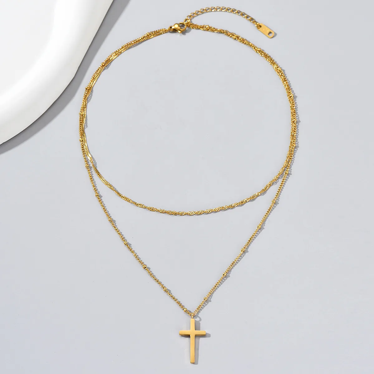 Wholesale Jewelry Simple Style Geometric Cross 304 Stainless Steel Titanium Steel 18K Gold Plated Layered Plating Double Layer Necklaces display picture 1