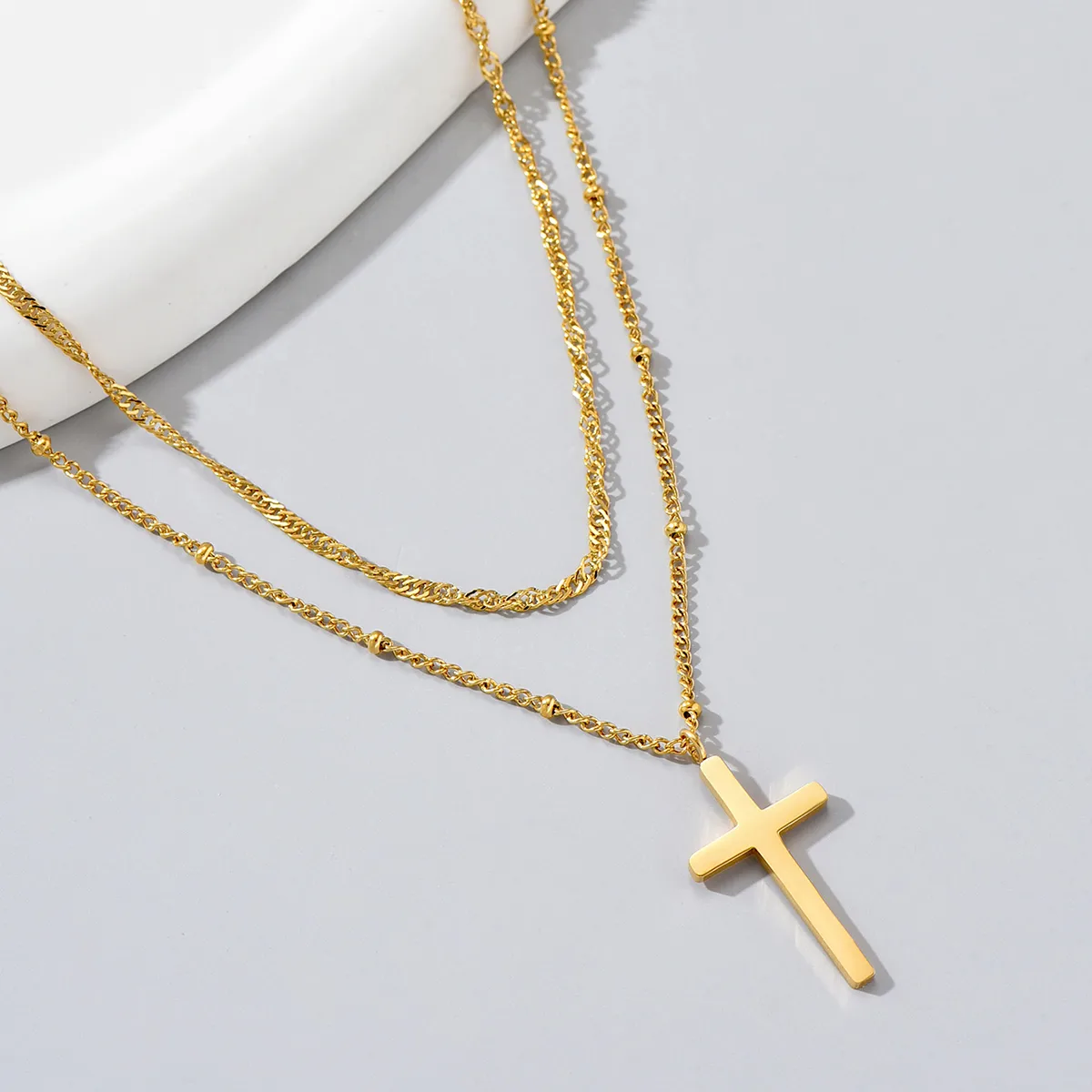 Wholesale Jewelry Simple Style Geometric Cross 304 Stainless Steel Titanium Steel 18K Gold Plated Layered Plating Double Layer Necklaces display picture 2