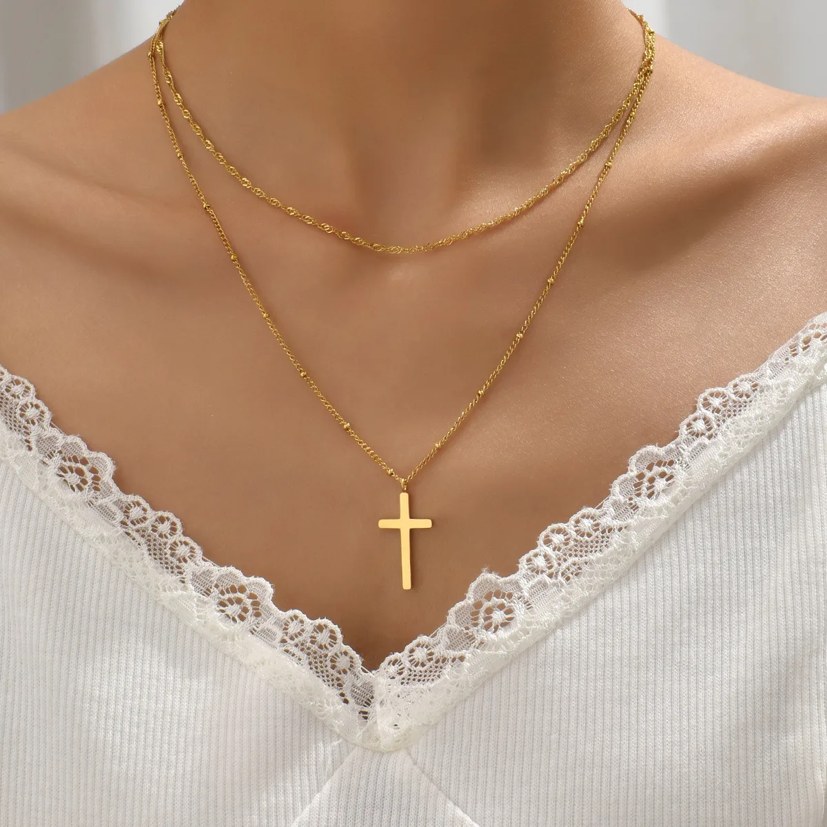 Wholesale Jewelry Simple Style Geometric Cross 304 Stainless Steel Titanium Steel 18K Gold Plated Layered Plating Double Layer Necklaces display picture 3