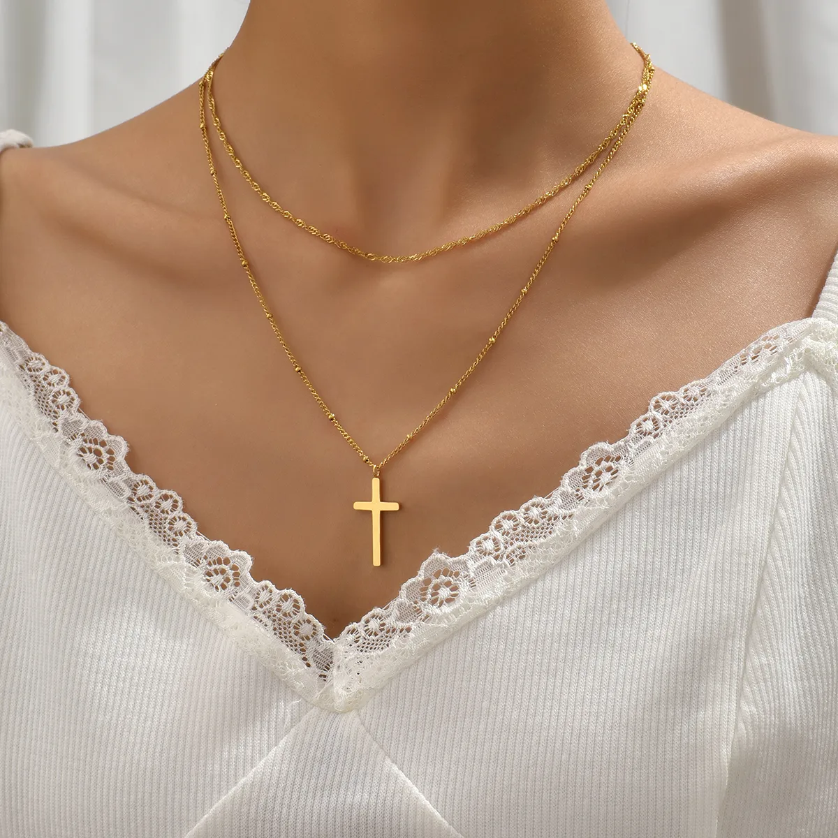Wholesale Jewelry Simple Style Geometric Cross 304 Stainless Steel Titanium Steel 18K Gold Plated Layered Plating Double Layer Necklaces display picture 4