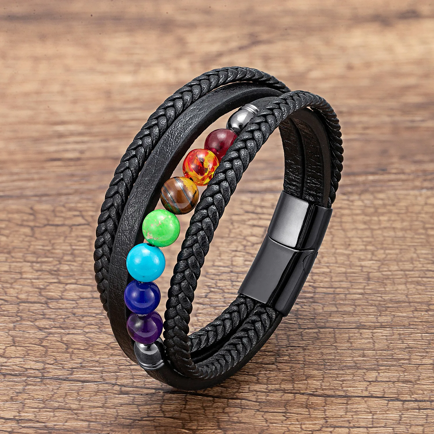 Casual Round Leather Rope Stone Metal Men's Chakra Bracelet display picture 1
