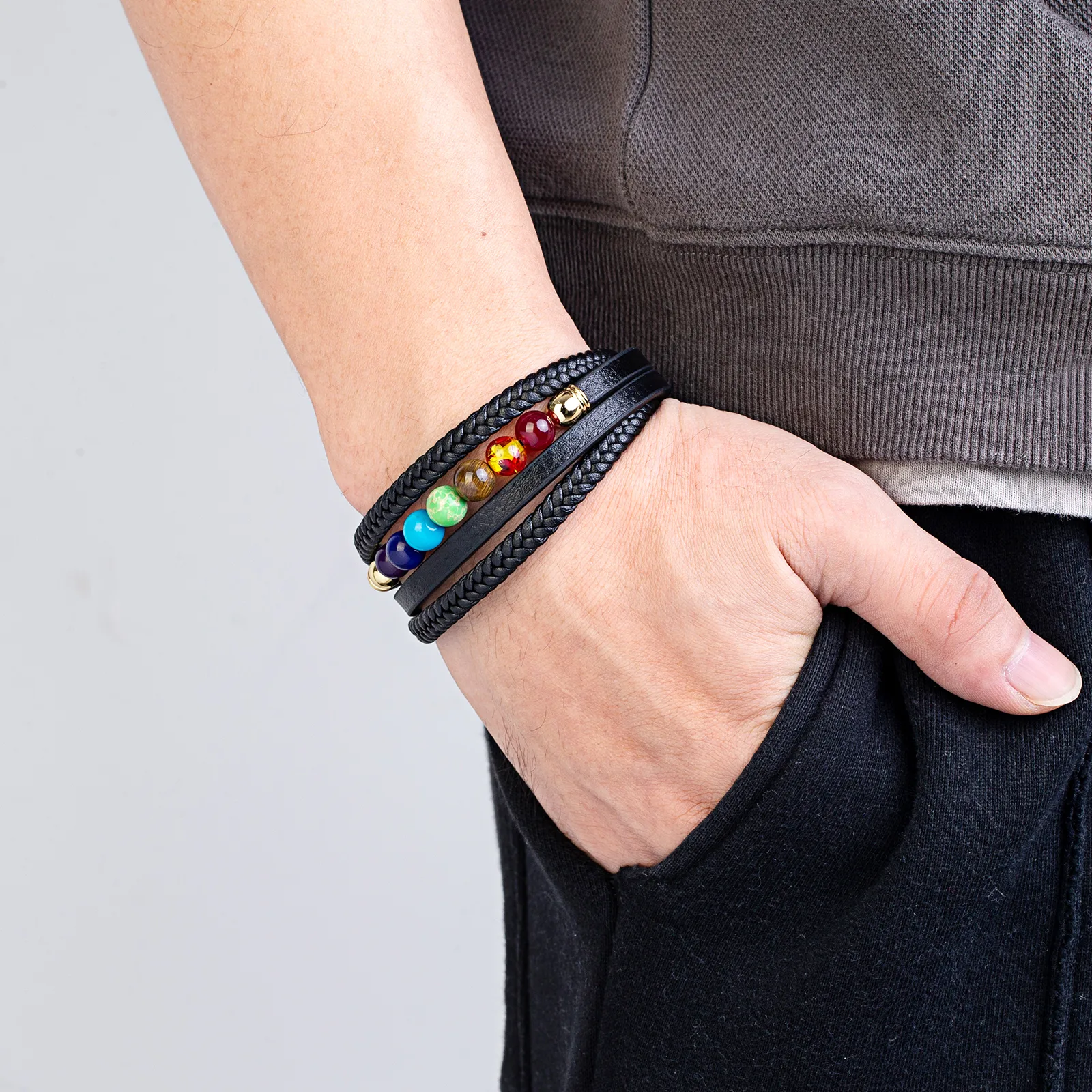 Casual Round Leather Rope Stone Metal Men's Chakra Bracelet display picture 4