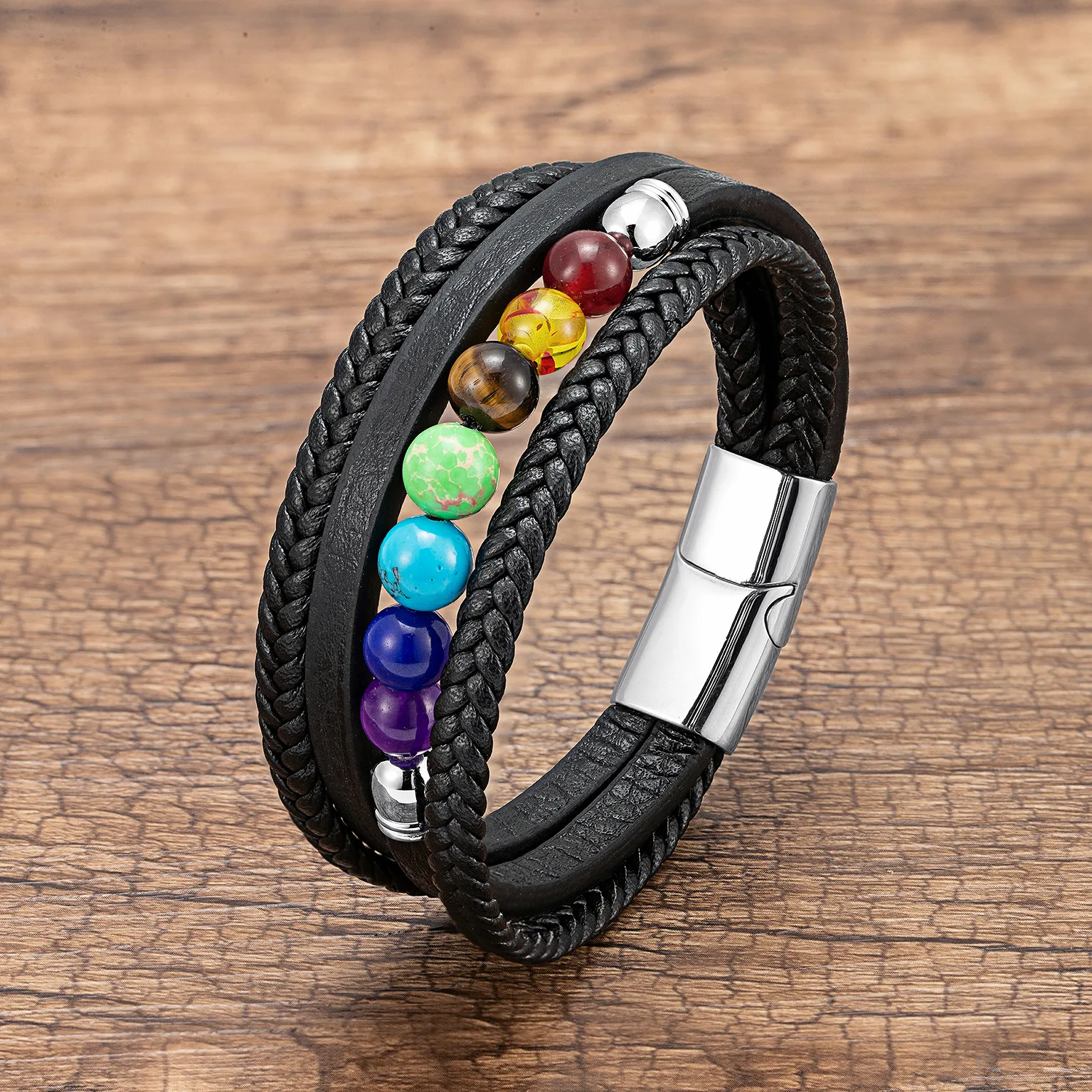 Casual Round Leather Rope Stone Metal Men's Chakra Bracelet display picture 2