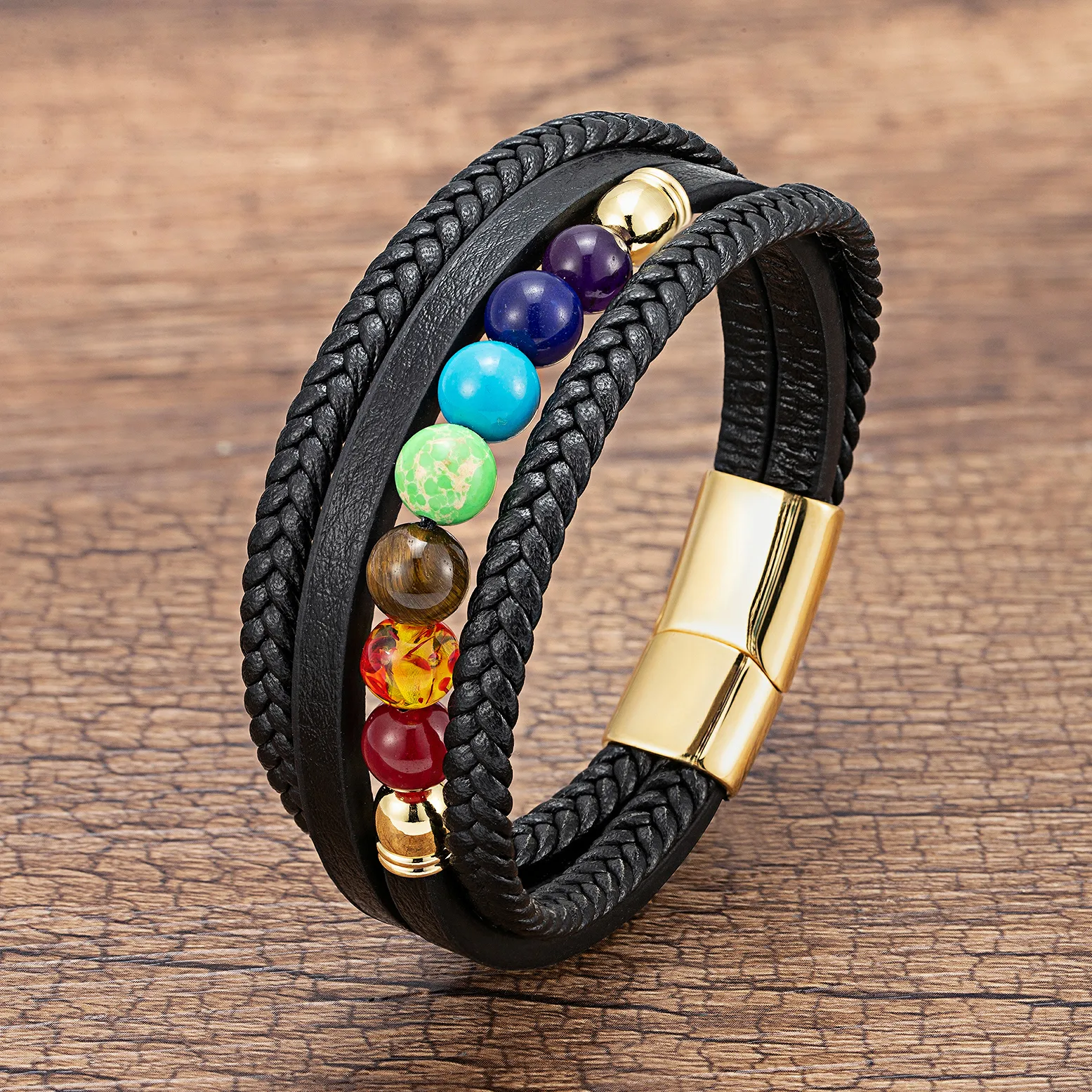 Casual Round Leather Rope Stone Metal Men's Chakra Bracelet display picture 3