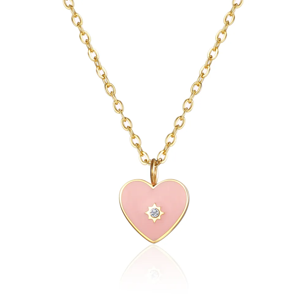 304 Stainless Steel 18K Gold Plated IG Style Sweet Simple Style Epoxy Plating Inlay Heart Shape Zircon Pendant Necklace display picture 1