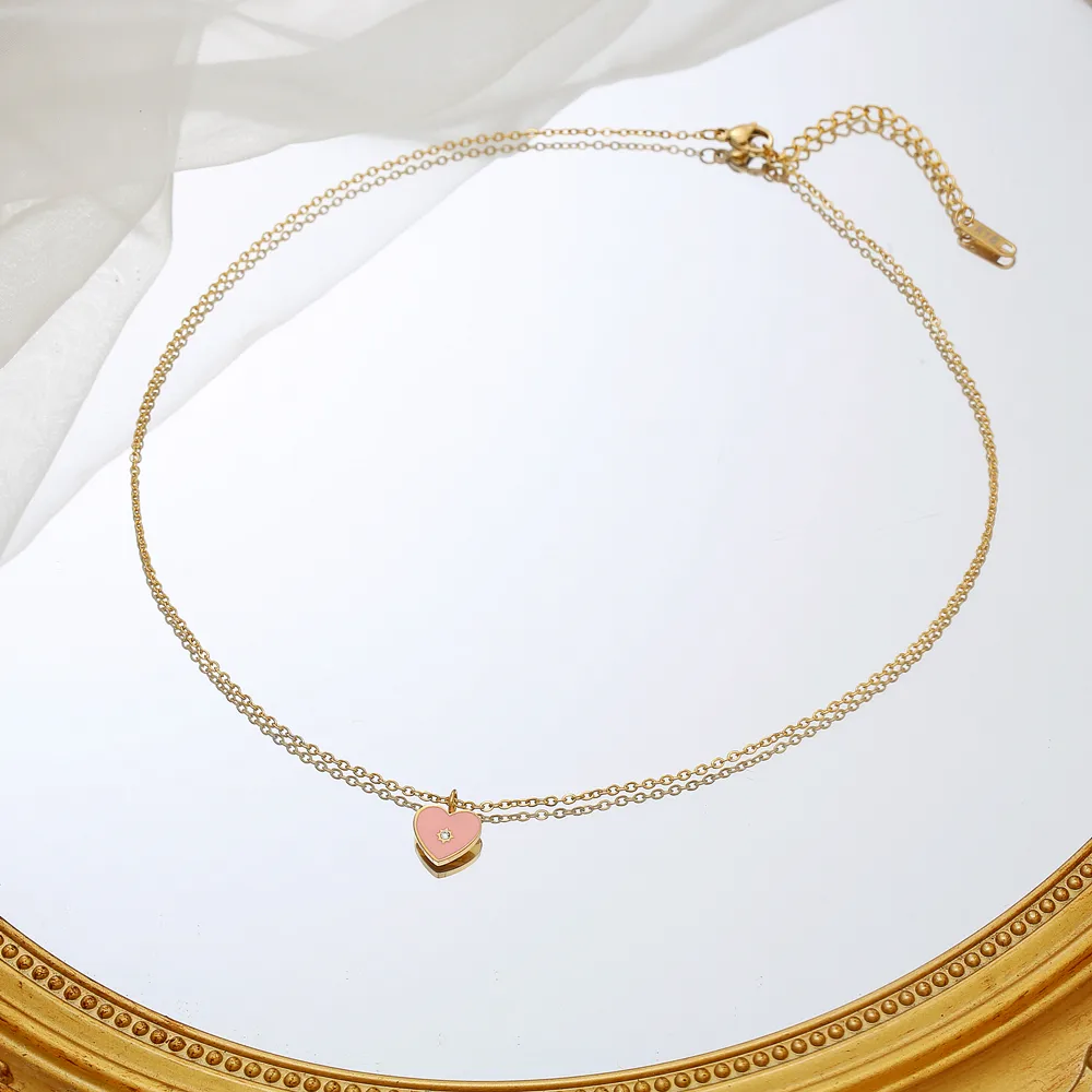 304 Stainless Steel 18K Gold Plated IG Style Sweet Simple Style Epoxy Plating Inlay Heart Shape Zircon Pendant Necklace display picture 3