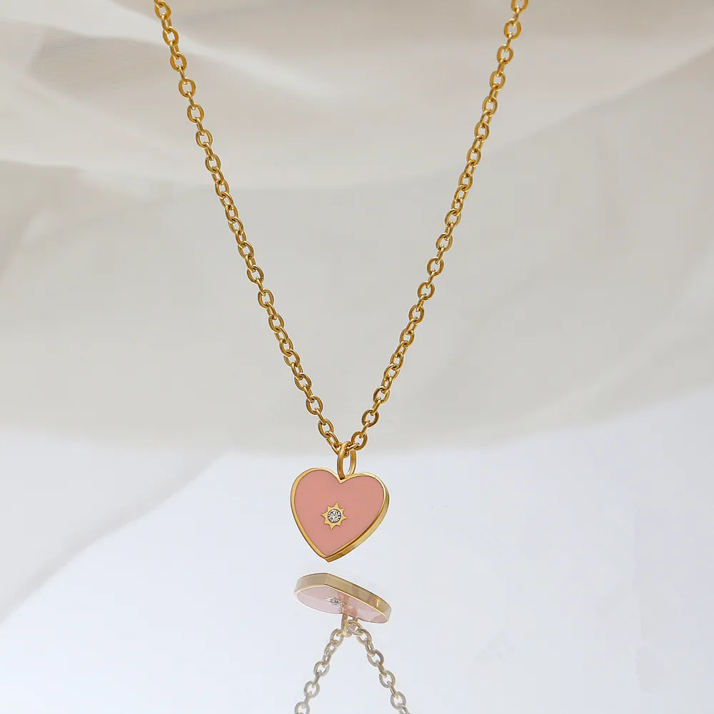 304 Stainless Steel 18K Gold Plated IG Style Sweet Simple Style Epoxy Plating Inlay Heart Shape Zircon Pendant Necklace display picture 2